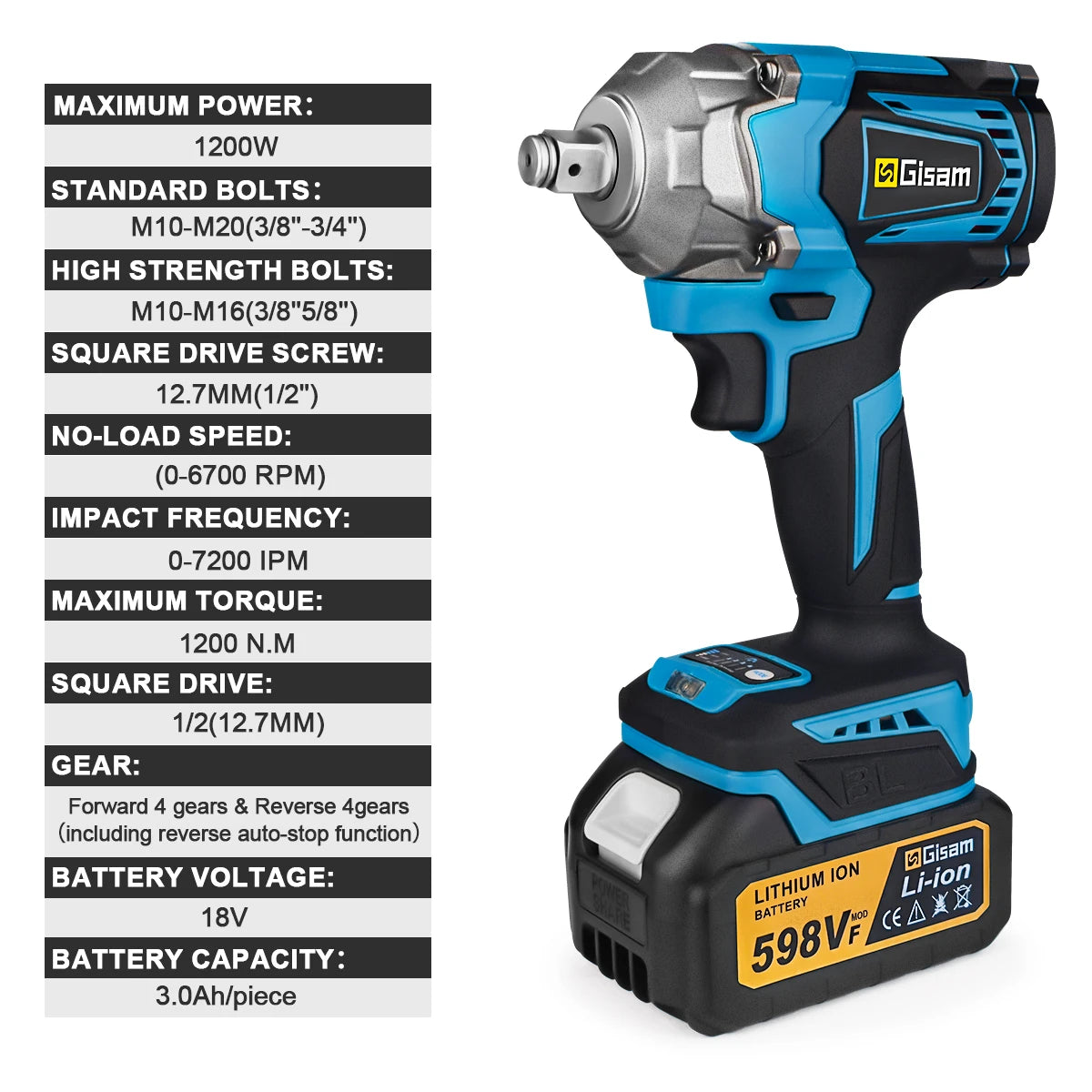 Gisam 1200N.m High-Torque Brushless Impact Wrench - 1/2" Drive Cordless Power Tool (Tool Only - Makita 18V Battery Compatible)