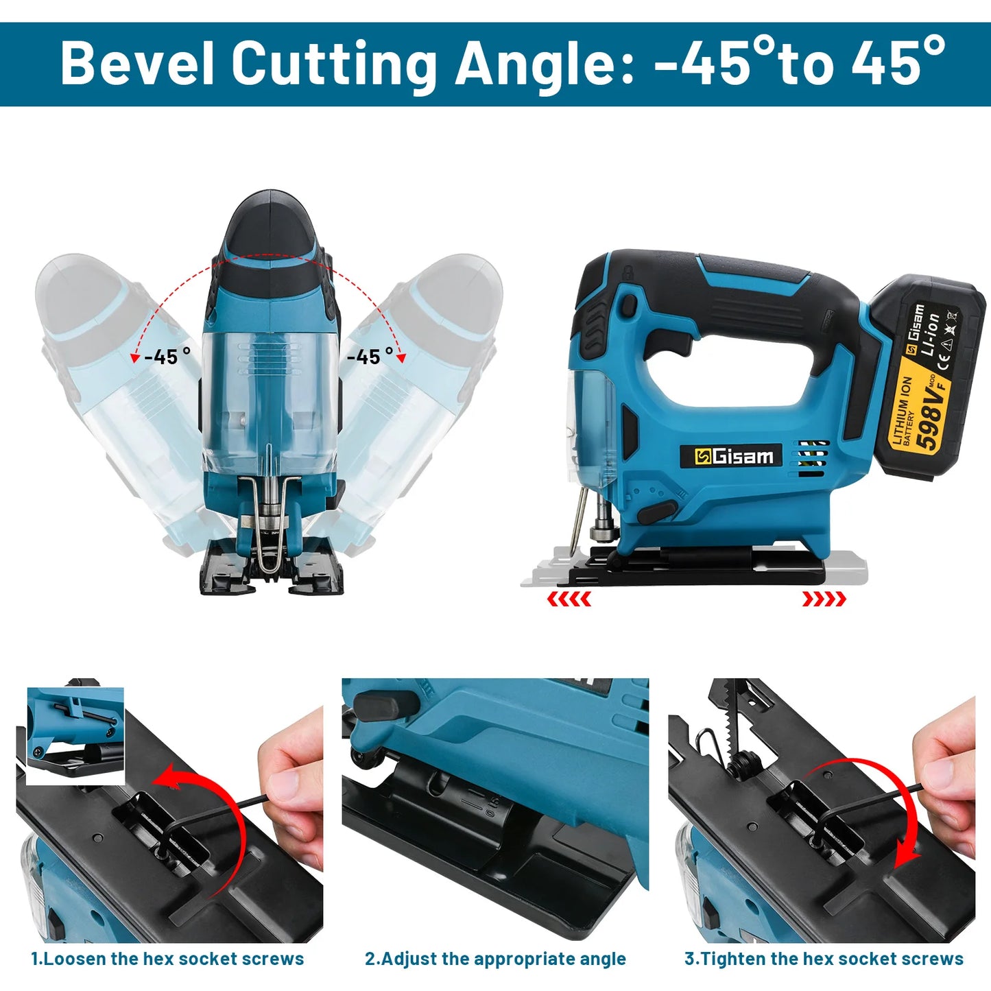 GISAM 26mm Cordless Electric Jigsaw - Portable Multi-Function Wood Cutting Saw (Tool Only - Makita 18V Battery Compatible)