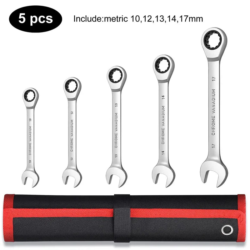 Professional Ratcheting Combination Wrench Set - CR-V Steel 12-Point Box End Metric Sizes (4 or 5-Piece Options)