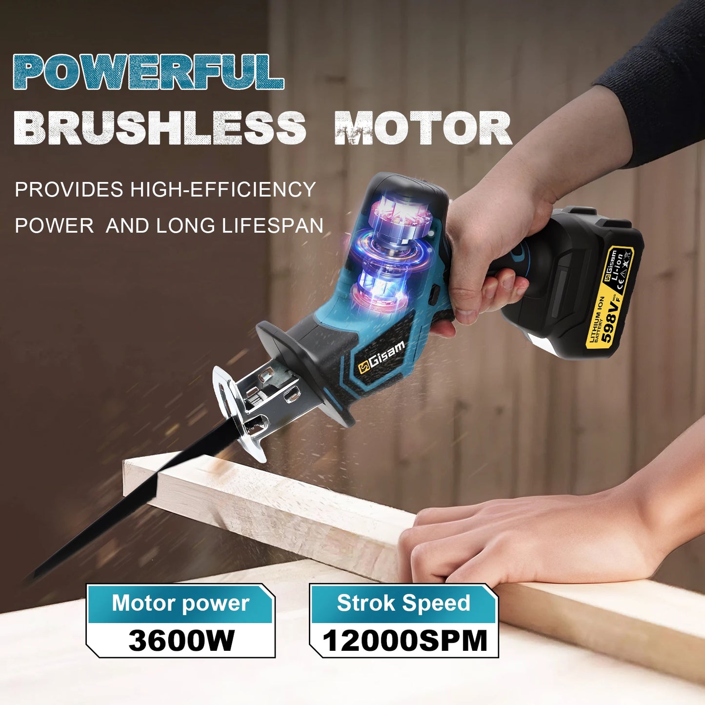 GISAM 12000SPM Brushless Reciprocating Saw - 3600W Cordless Electric Wood & Metal Cutting Tool (Tool Only - Makita 18V Battery Compatible)