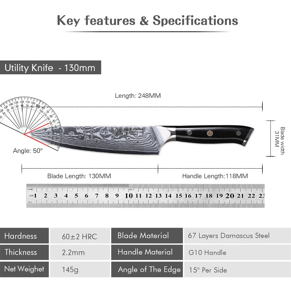 F.YOUNG 5-Inch Damascus Steel Utility Knife - 67-Layer Professional Kitchen Knife with G10 Handle for Fruit Peeling & Vegetable Prep
