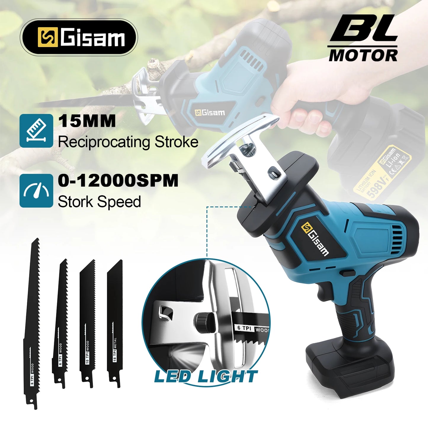 GISAM 12000SPM Brushless Reciprocating Saw - 3600W Cordless Electric Wood & Metal Cutting Tool (Tool Only - Makita 18V Battery Compatible)