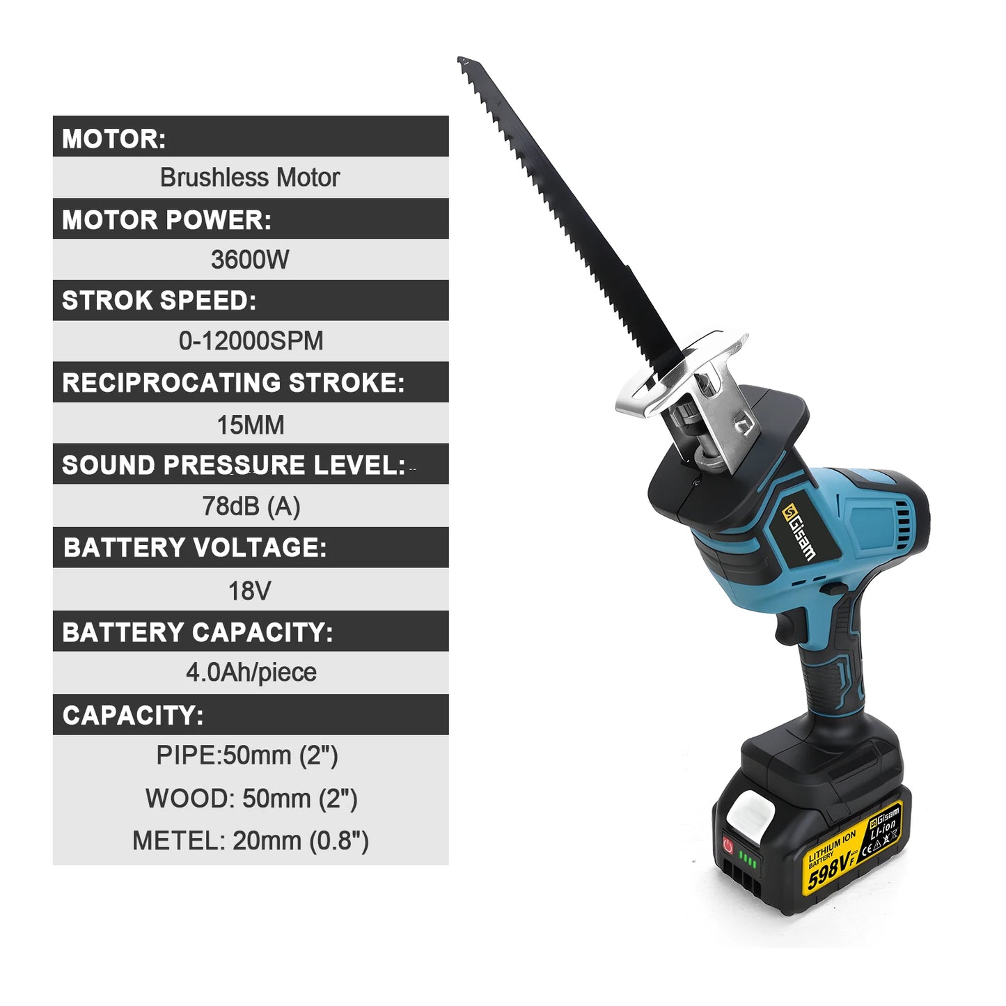 GISAM 12000SPM Brushless Reciprocating Saw - 3600W Cordless Electric Wood & Metal Cutting Tool (Tool Only - Makita 18V Battery Compatible)
