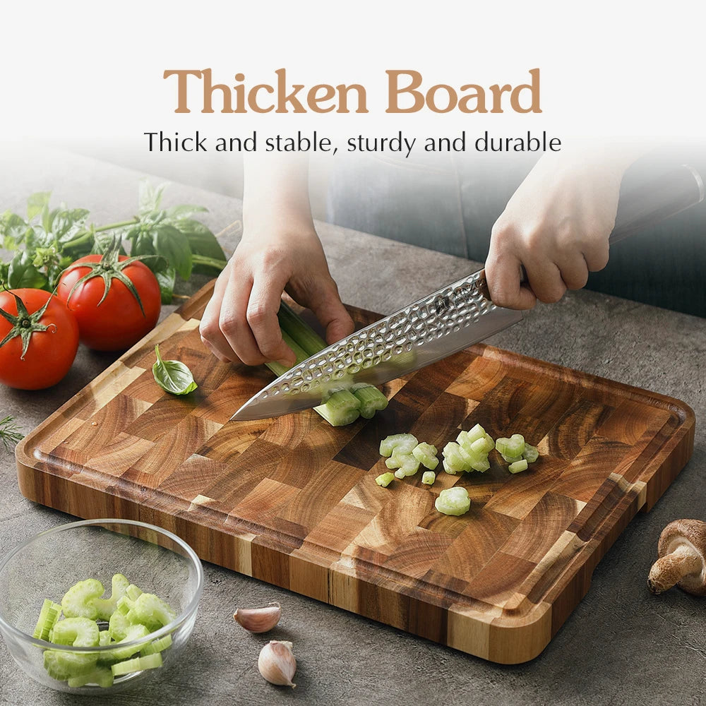 XINZUO Premium Acacia Wood Cutting Board - Non-Slip Kitchen Chopping Block for Bread, Fruit & Meat Preparation