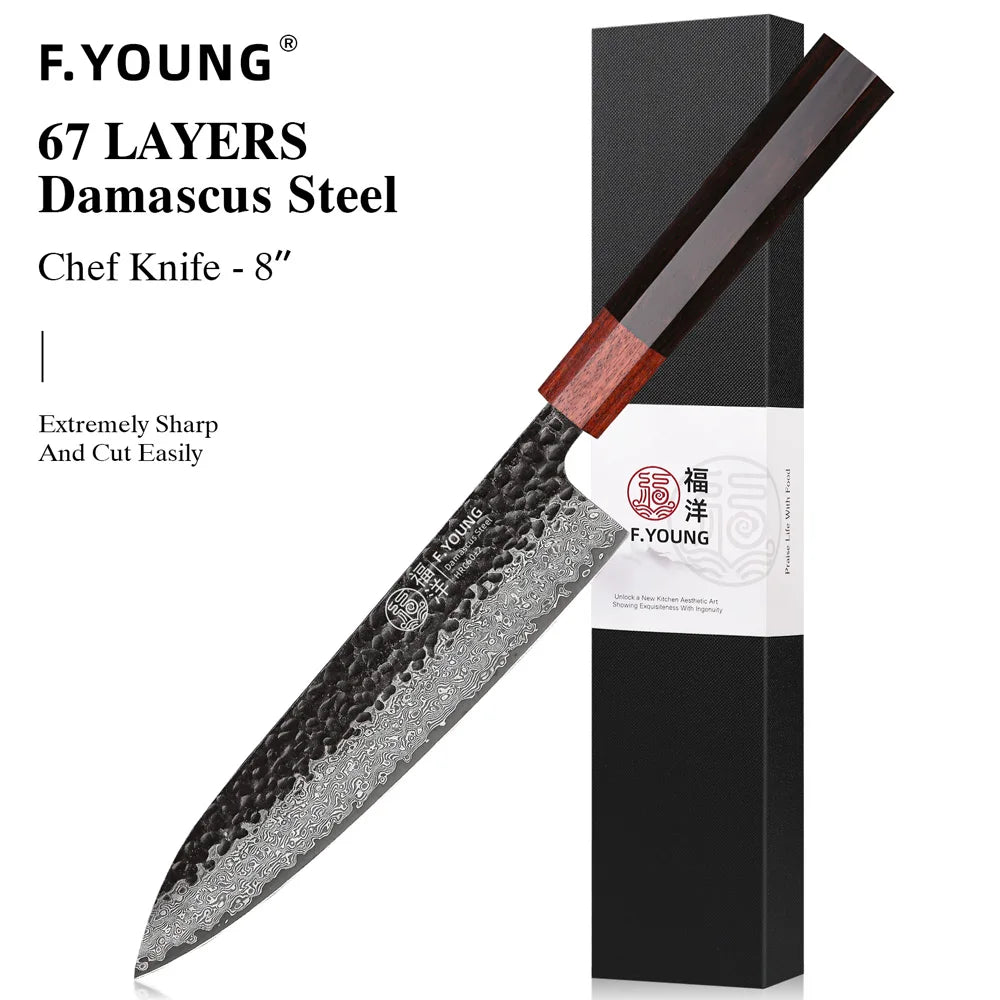 F.YOUNG Japanese Damascus Steel Chef Knife - Professional Hand-Forged Kitchen Knife for Meat Slicing, Sashimi & Precision Cutting