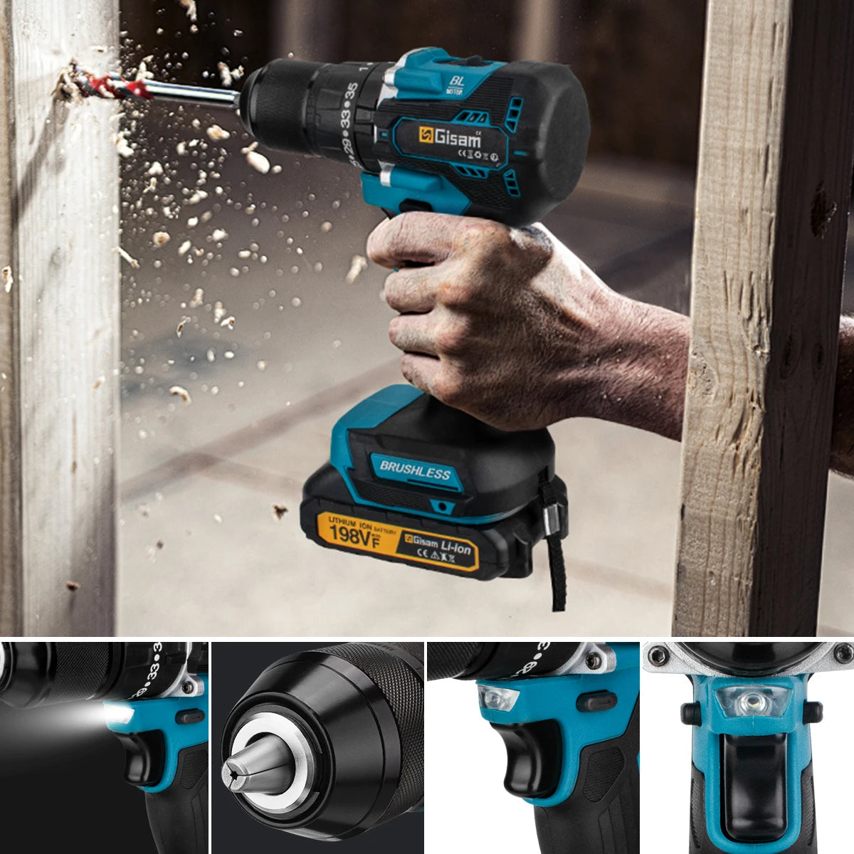 Gisam 65N.m Brushless Cordless Impact Drill - 13mm Chuck with 35+3 Torque Settings (Tool Only - Makita 18V Battery Compatible)