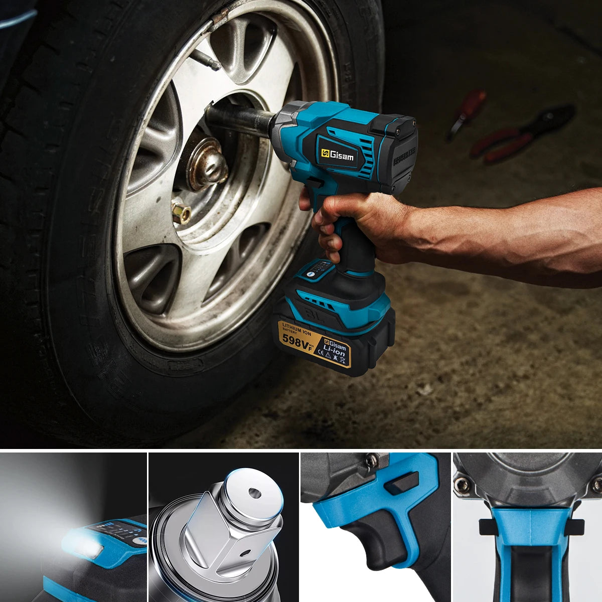 Gisam 1200N.m High-Torque Brushless Impact Wrench - 1/2" Drive Cordless Power Tool (Tool Only - Makita 18V Battery Compatible)