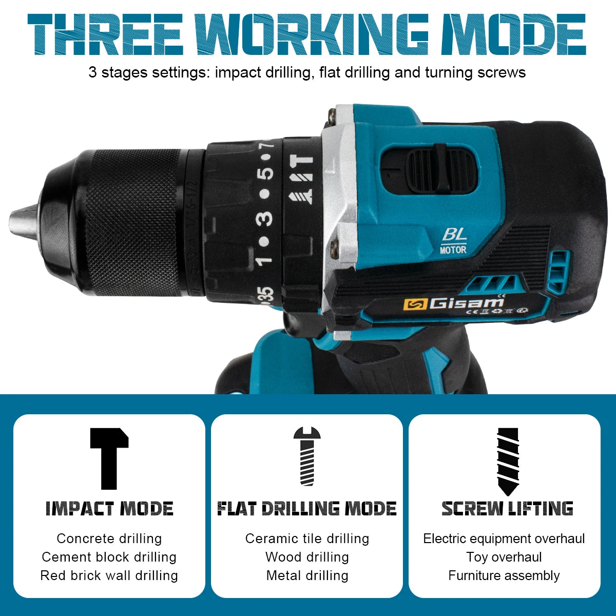 Gisam 65N.m Brushless Cordless Impact Drill - 13mm Chuck with 35+3 Torque Settings (Tool Only - Makita 18V Battery Compatible)