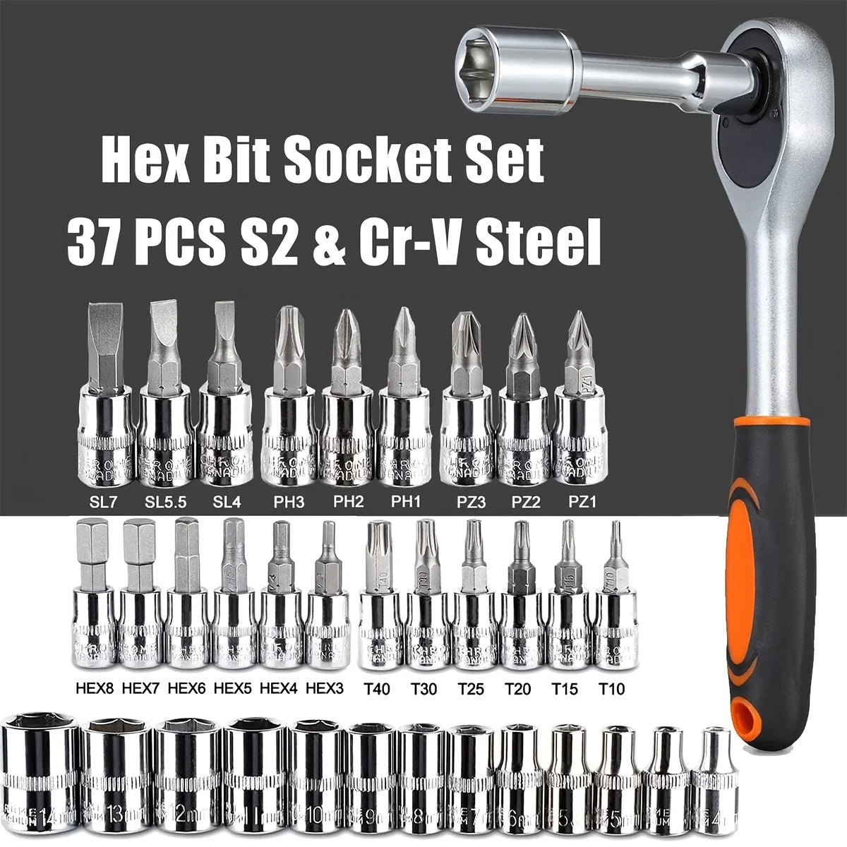 Professional 46-Piece Drive Socket Set - Complete 1/4" Ratchet & Wrench Kit with Metric Hex Bits