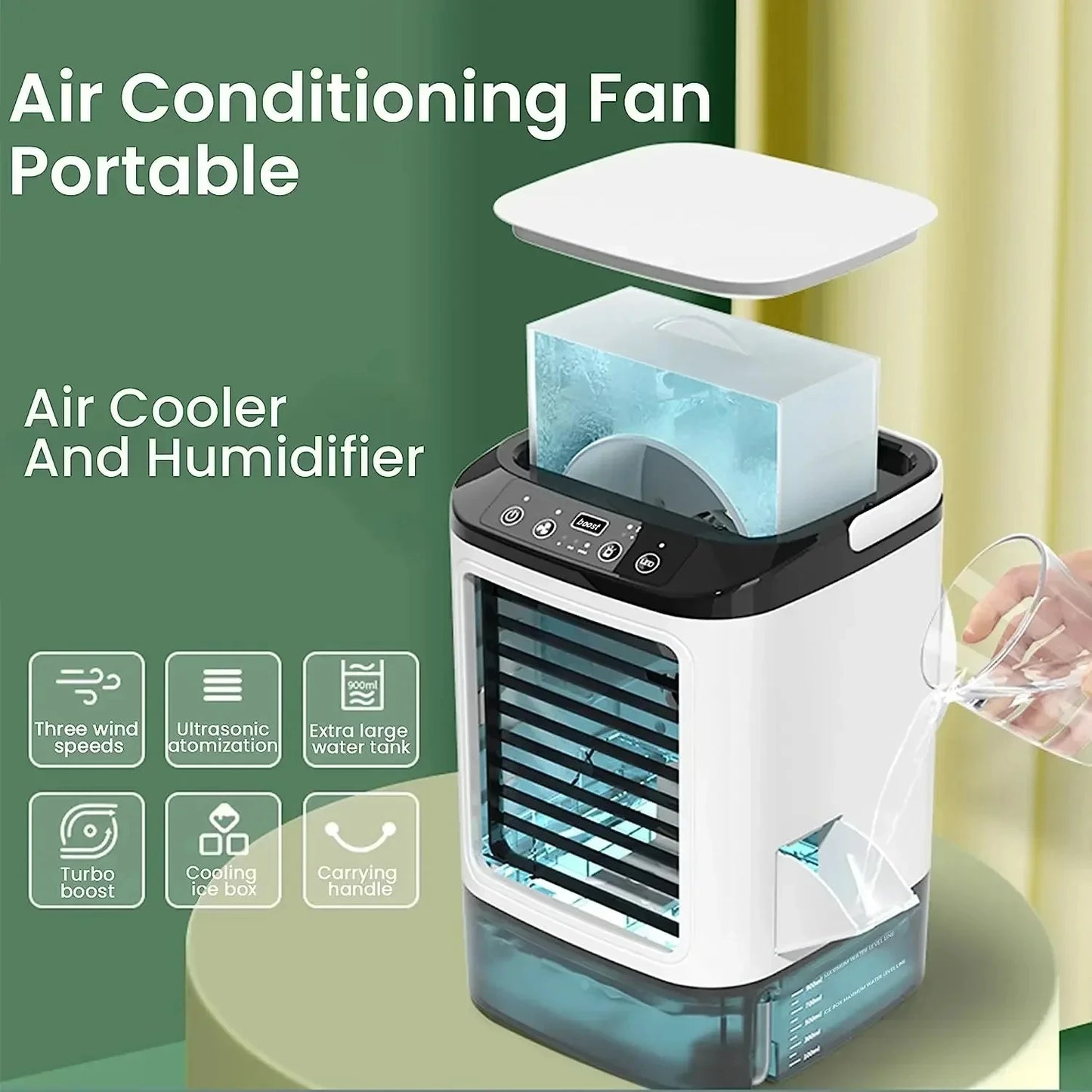 Portable 3-Speed Mini Air Conditioner – 900ML Air Cooler & Humidifier Fan for Bedroom and Office