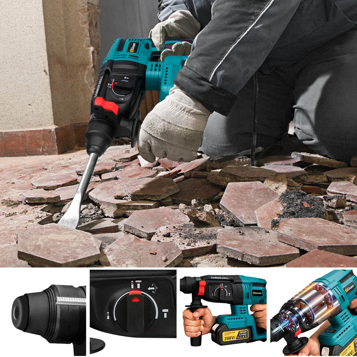 GISAM 26MM Brushless Electric Hammer Drill - Multifunctional Cordless Rotary Impact Tool (Tool Only - Makita 18V Battery Compatible)