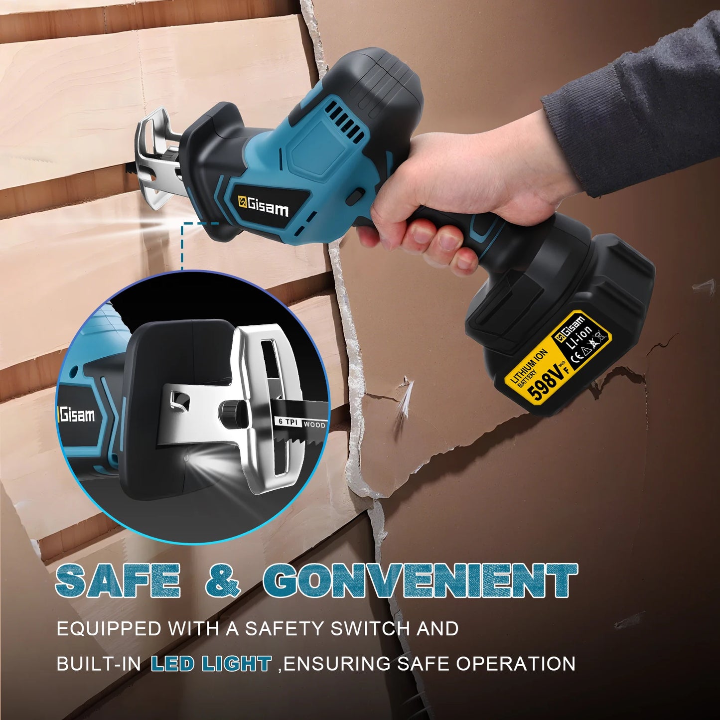 GISAM 12000SPM Brushless Reciprocating Saw - 3600W Cordless Electric Wood & Metal Cutting Tool (Tool Only - Makita 18V Battery Compatible)