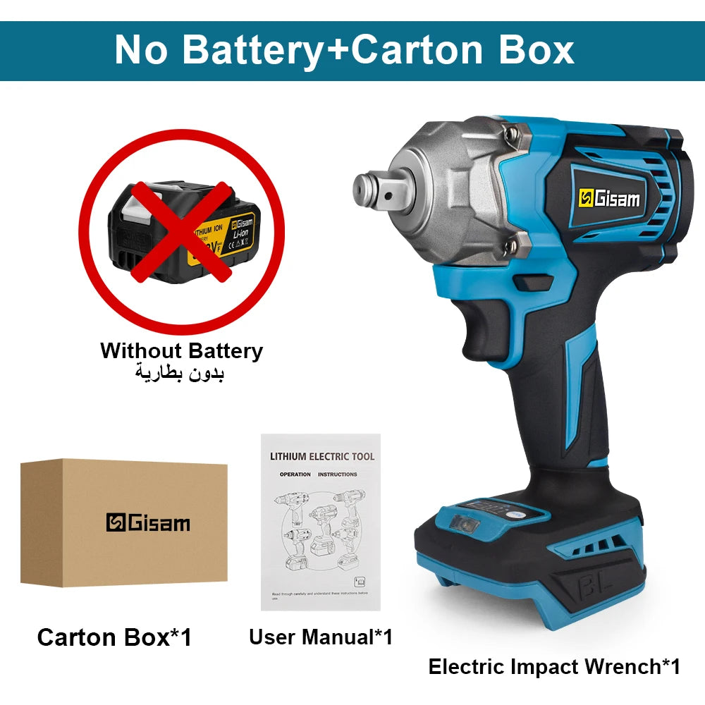 Gisam 1200N.m High-Torque Brushless Impact Wrench - 1/2" Drive Cordless Power Tool (Tool Only - Makita 18V Battery Compatible)