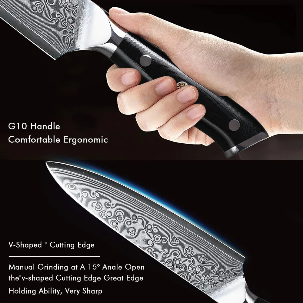 F.YOUNG 5-Inch Damascus Steel Utility Knife - 67-Layer Professional Kitchen Knife with G10 Handle for Fruit Peeling & Vegetable Prep