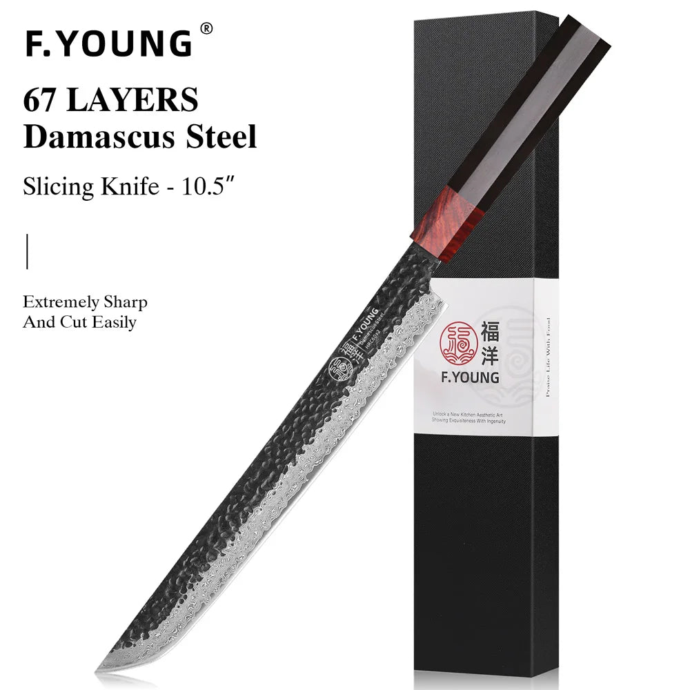 F.YOUNG Japanese Damascus Steel Chef Knife - Professional Hand-Forged Kitchen Knife for Meat Slicing, Sashimi & Precision Cutting