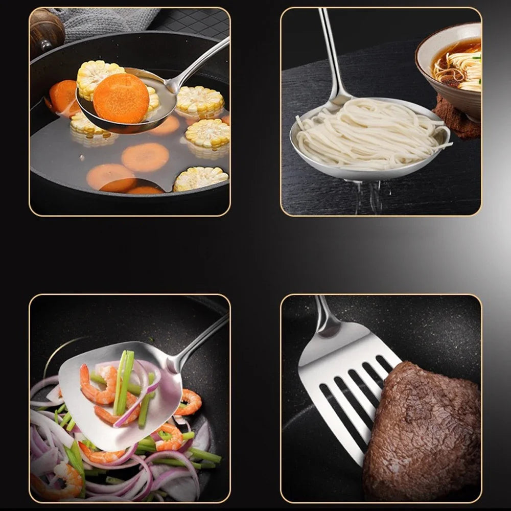 4-Piece Premium Stainless Steel Kitchen Utensil Set - Wooden Handle Spatula, Spoon & Ladle Collection for Home Cooking