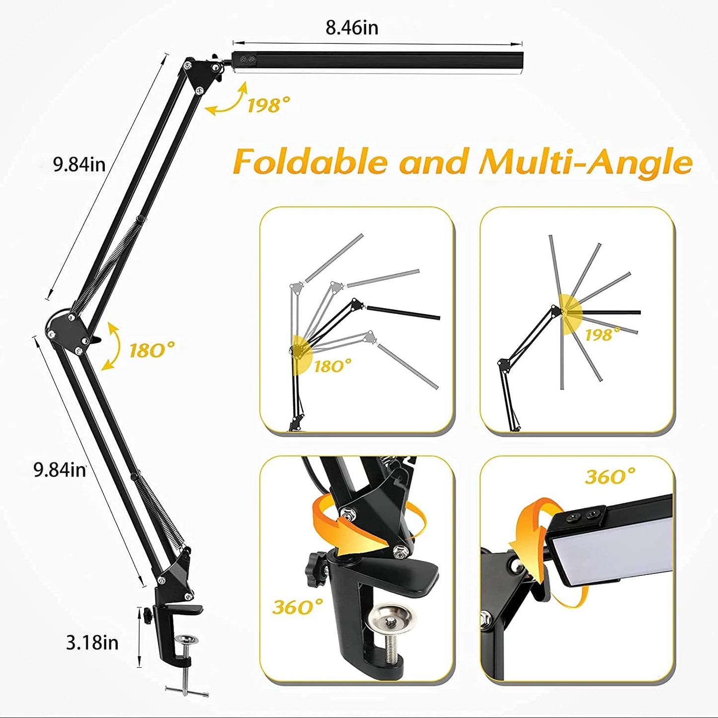 LED Folding Metal Desk Lamp Clip on Light Clamp Long Arm Diming Table Lamp 3 Colors Adjustable for Living Room Reading Computers