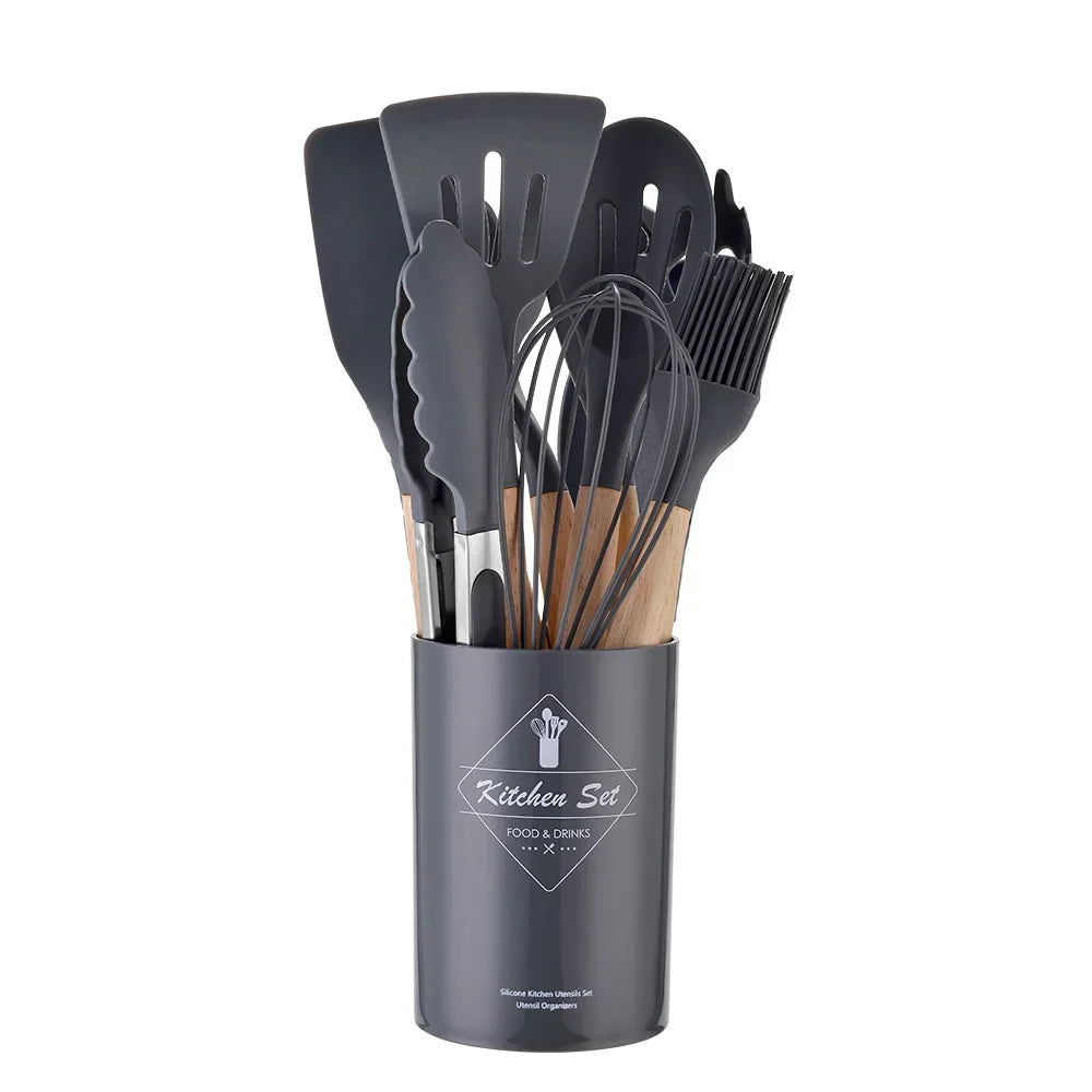 12-Piece Premium Silicone Kitchen Utensil Set - Non-Stick Cookware Tools with Wooden Handles