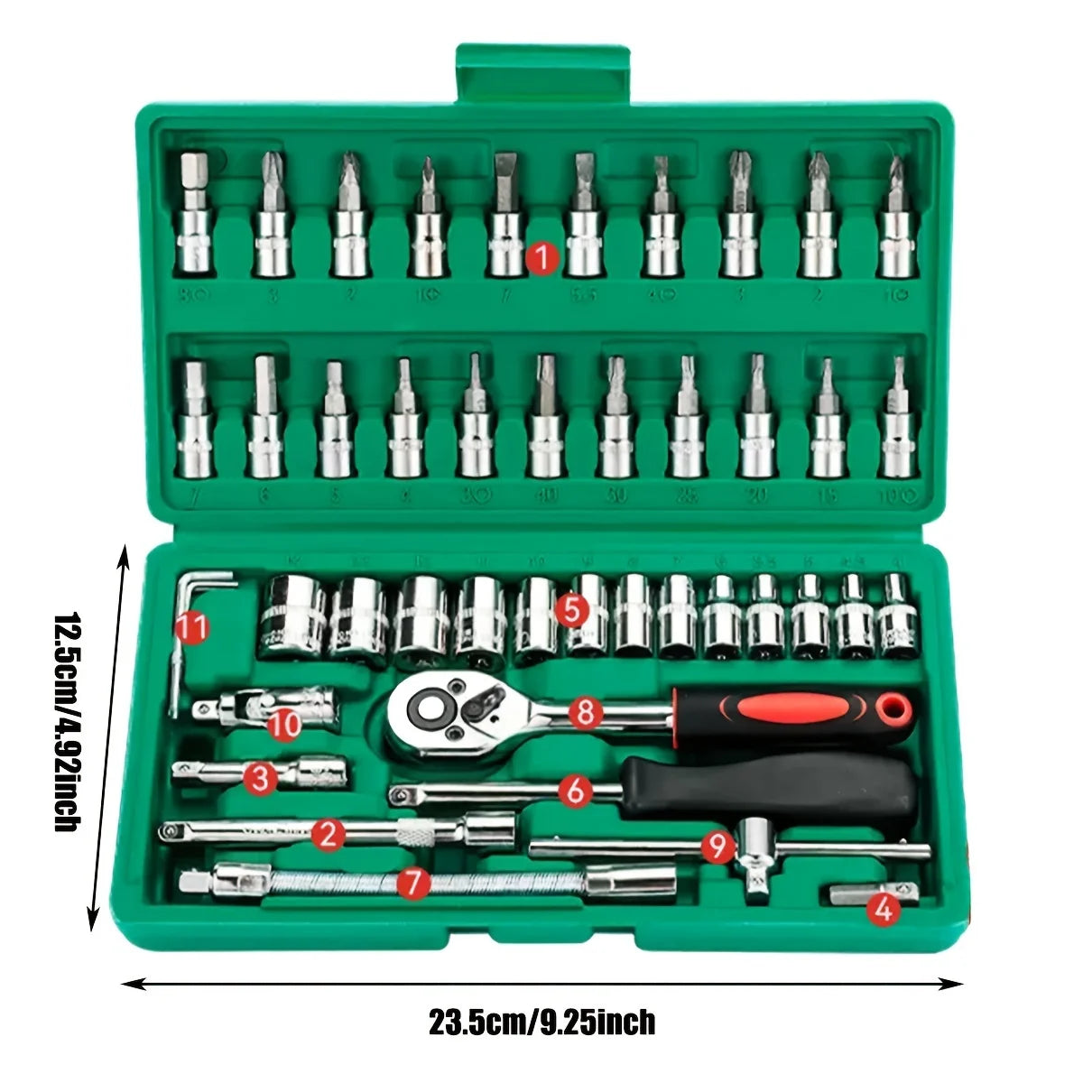 Professional 46-Piece Drive Socket Set - Complete 1/4" Ratchet & Wrench Kit with Metric Hex Bits