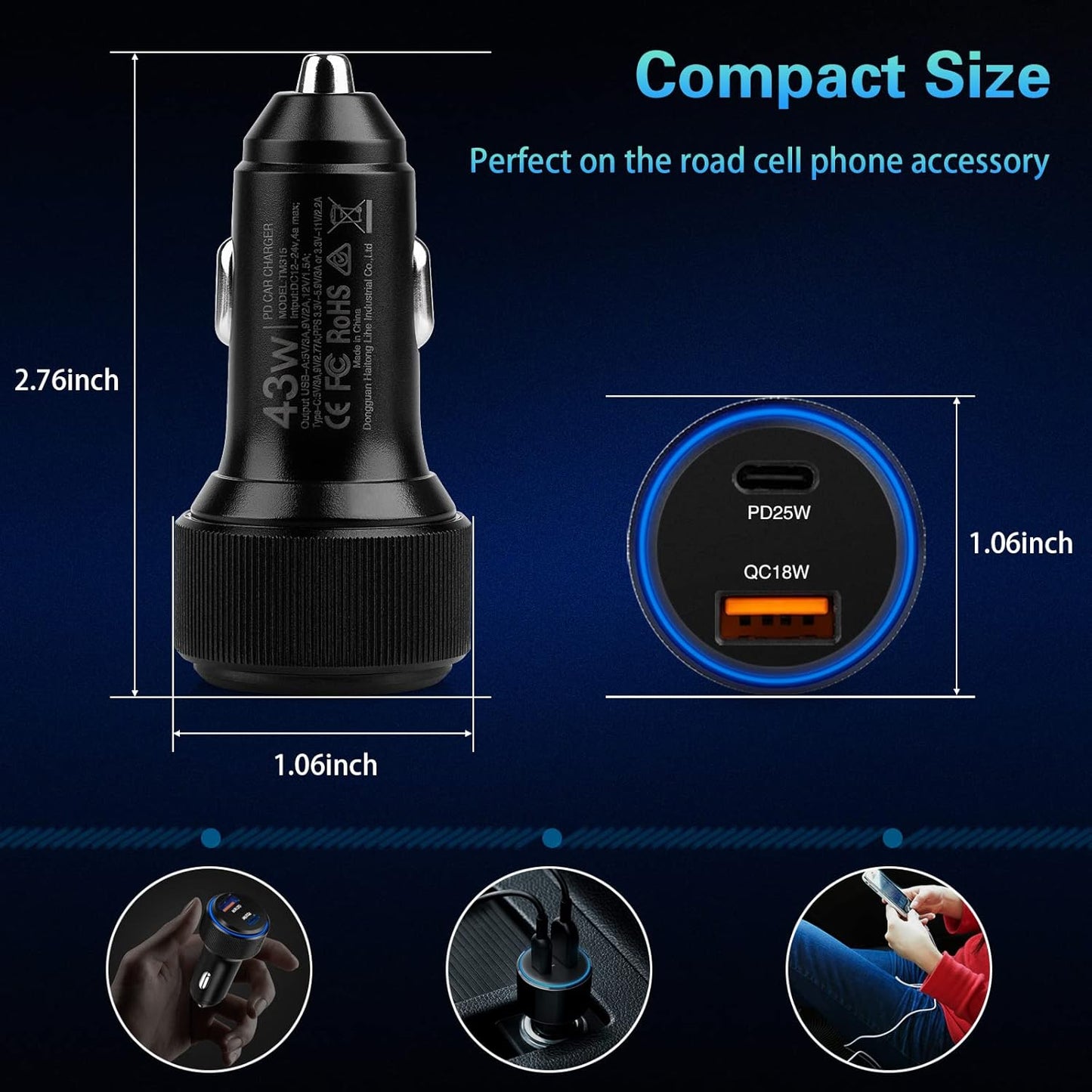 Car Charger,43W USB C Car Charger 2Pack PD Fast Charge,Cigarette Lighter Adapter Work for Iphone16 15 14 13 12 11 Pro Max Mini XR X 8 Ipad Samsung S22 S21 Google