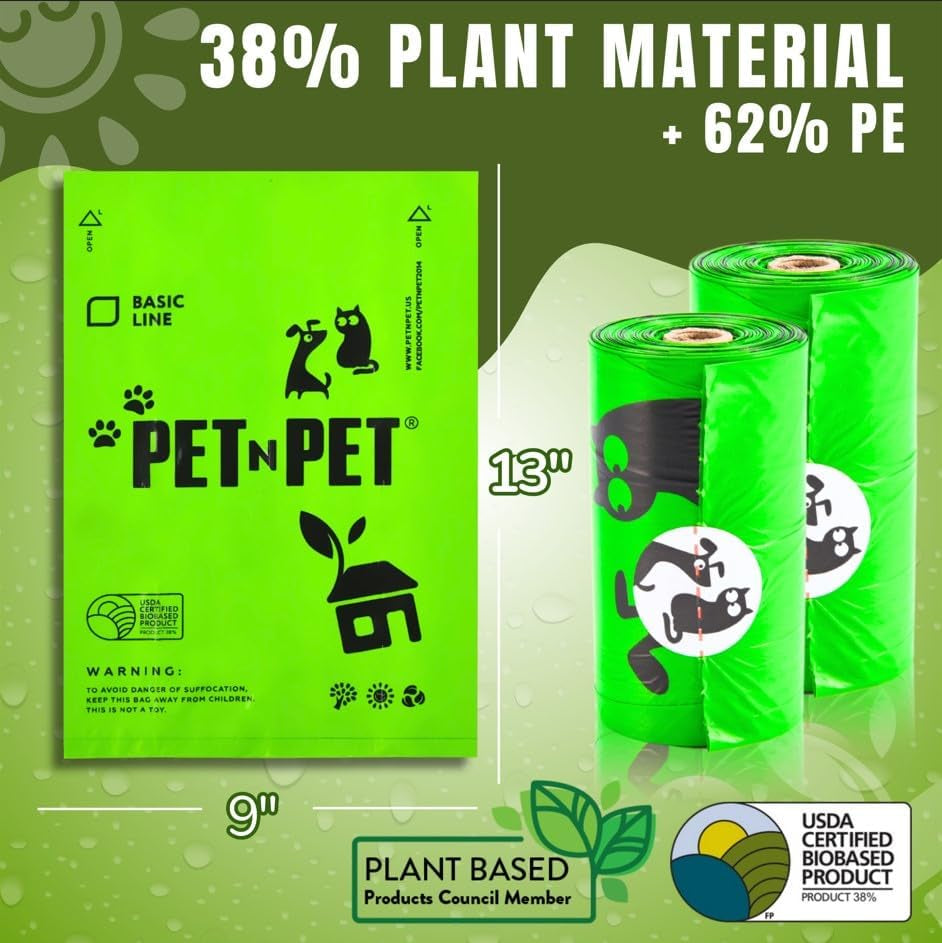 Dog Poop Bags 1080 Counts, USDA Certified 38% Plant Based Sac Caca Chien, Leak Proof Dog Bags Refill Rolls for Doggy Poo, Cat Litter Waste (Unscented, Green)