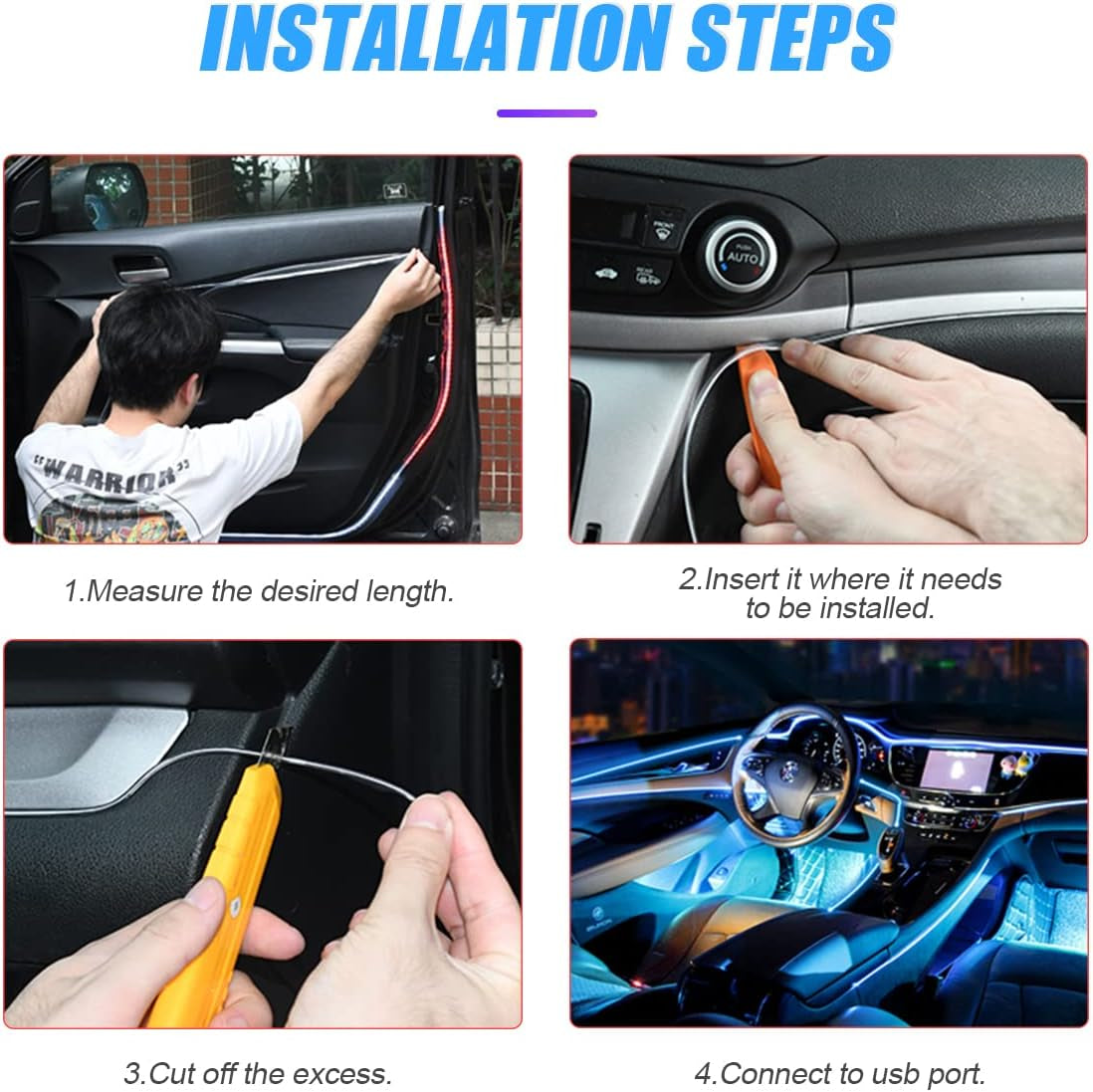 EL Wire Interior Car LED Strip Lights, USB Auto Neon Light Strip with Sewing Edge, 16FT Electroluminescent Car Ambient Lighting Kits with Fuse Protection, Car Decoration Accessories (Blue)