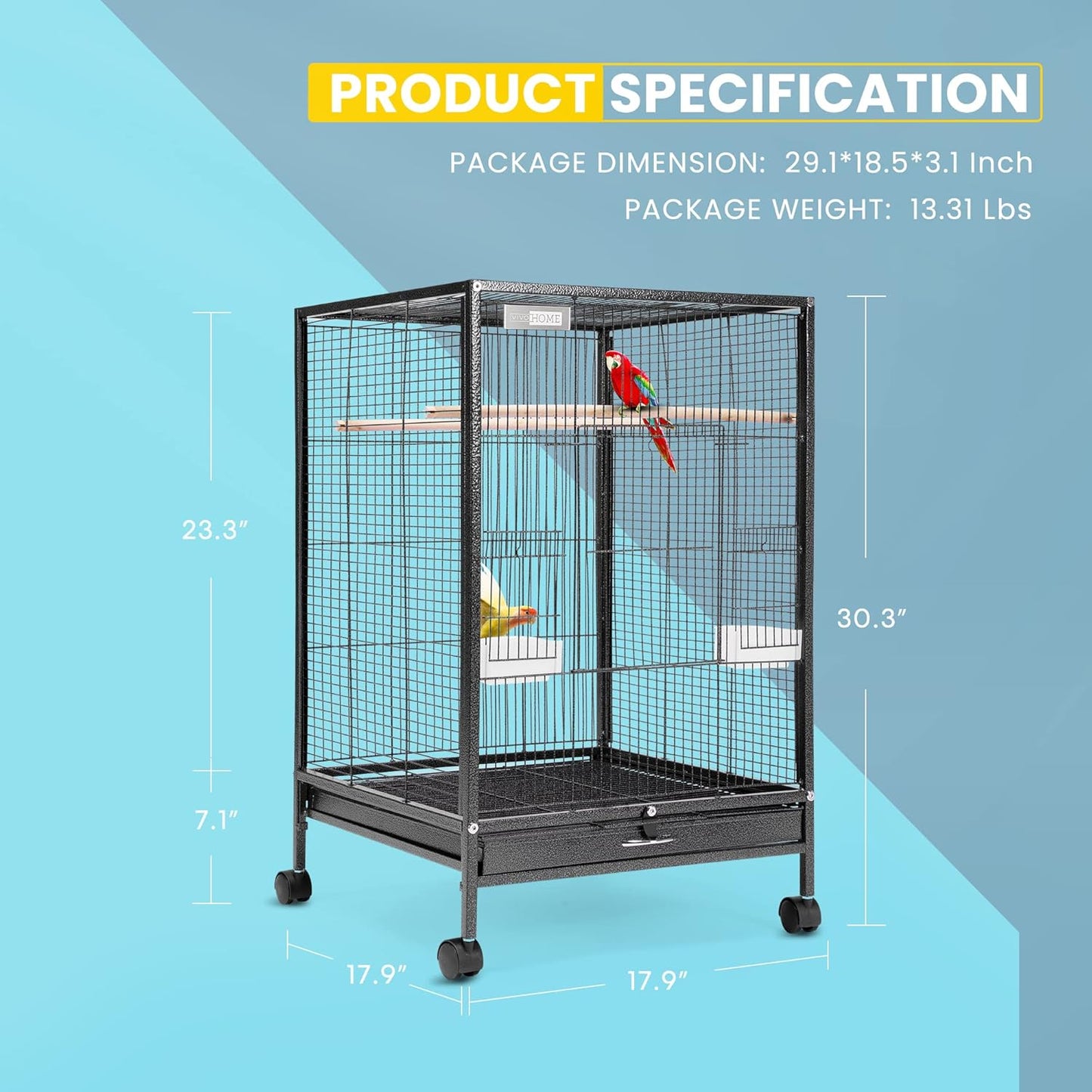 30 Inch Height Wrought Iron Bird Cage with Rolling Stand for Parrots Conure Lovebird Cockatiel Black