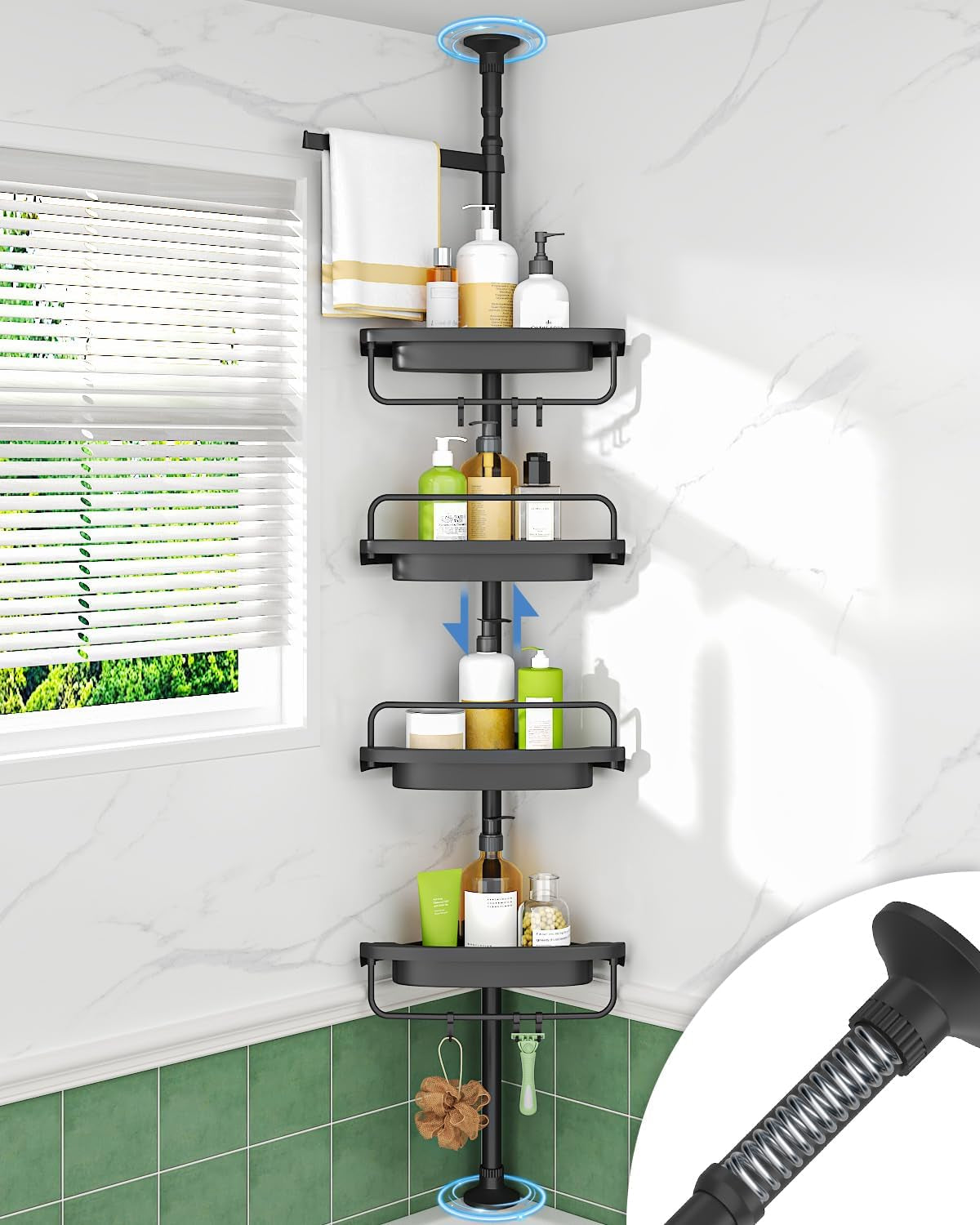 Rustproof Shower Caddy Corner for Bathroom,Bathtub Storage Organizer for Shampoo Accessories,4-Tier Adjustable Shelves with Tension Pole, 39.2 to 113 Inch, Black