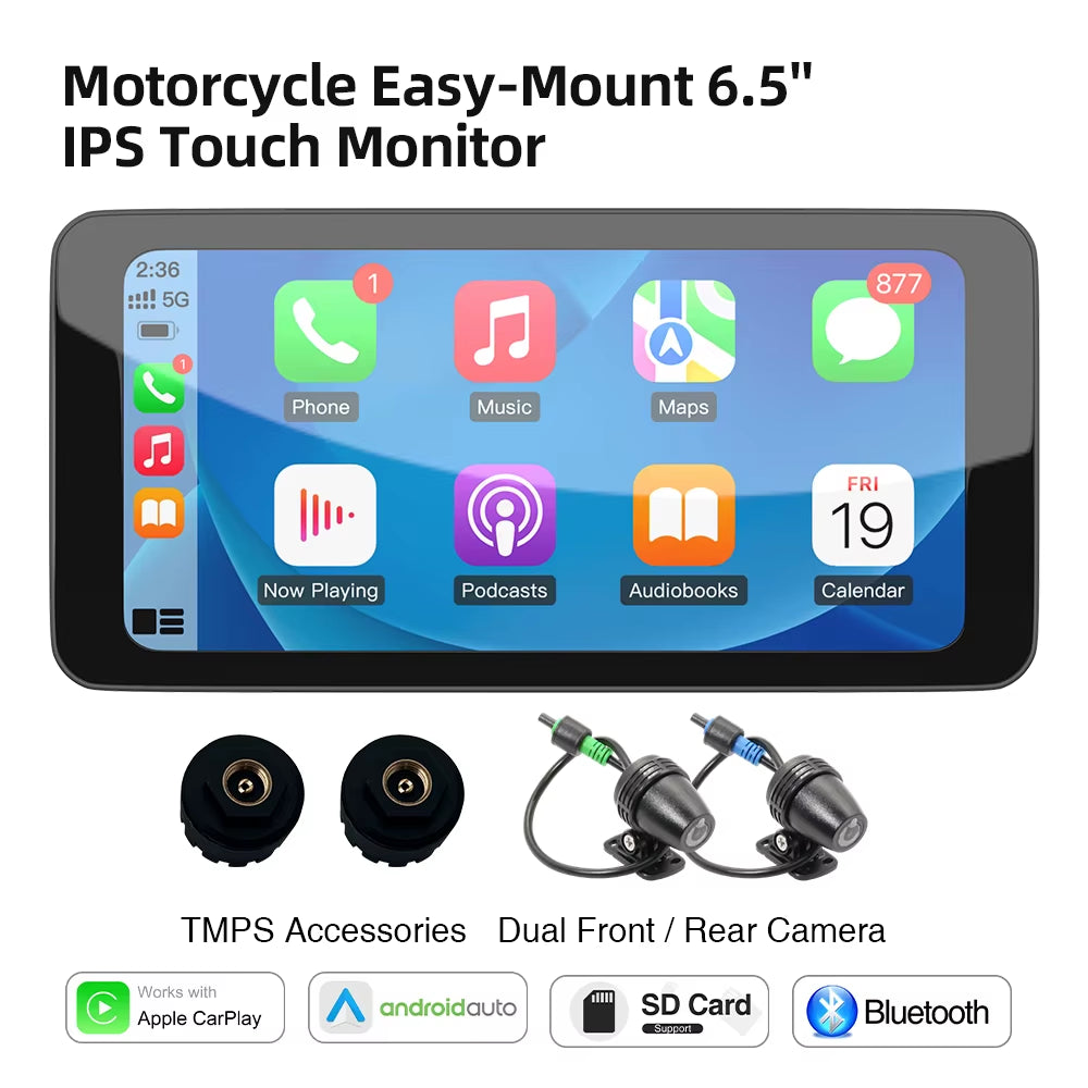 6.5Inch Motorcycle Carplay Android Auto Navigation Monitor Tire Pressure Display Portable IPS Screen Waterproof AUX Bluetooth