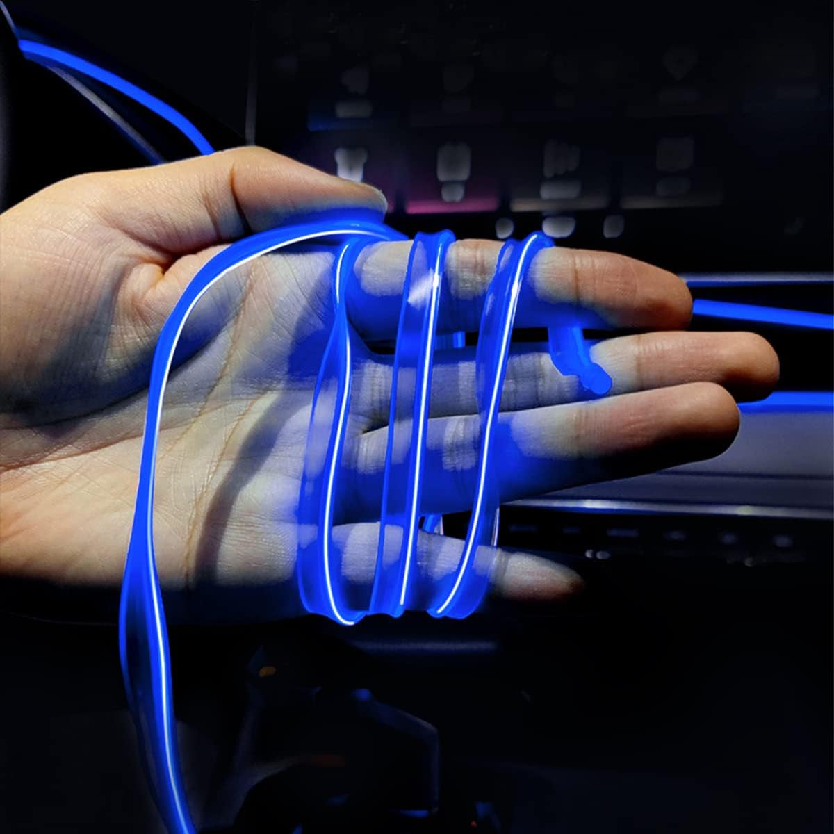 EL Wire Interior Car LED Strip Lights, USB Auto Neon Light Strip with Sewing Edge, 16FT Electroluminescent Car Ambient Lighting Kits with Fuse Protection, Car Decoration Accessories (Blue)