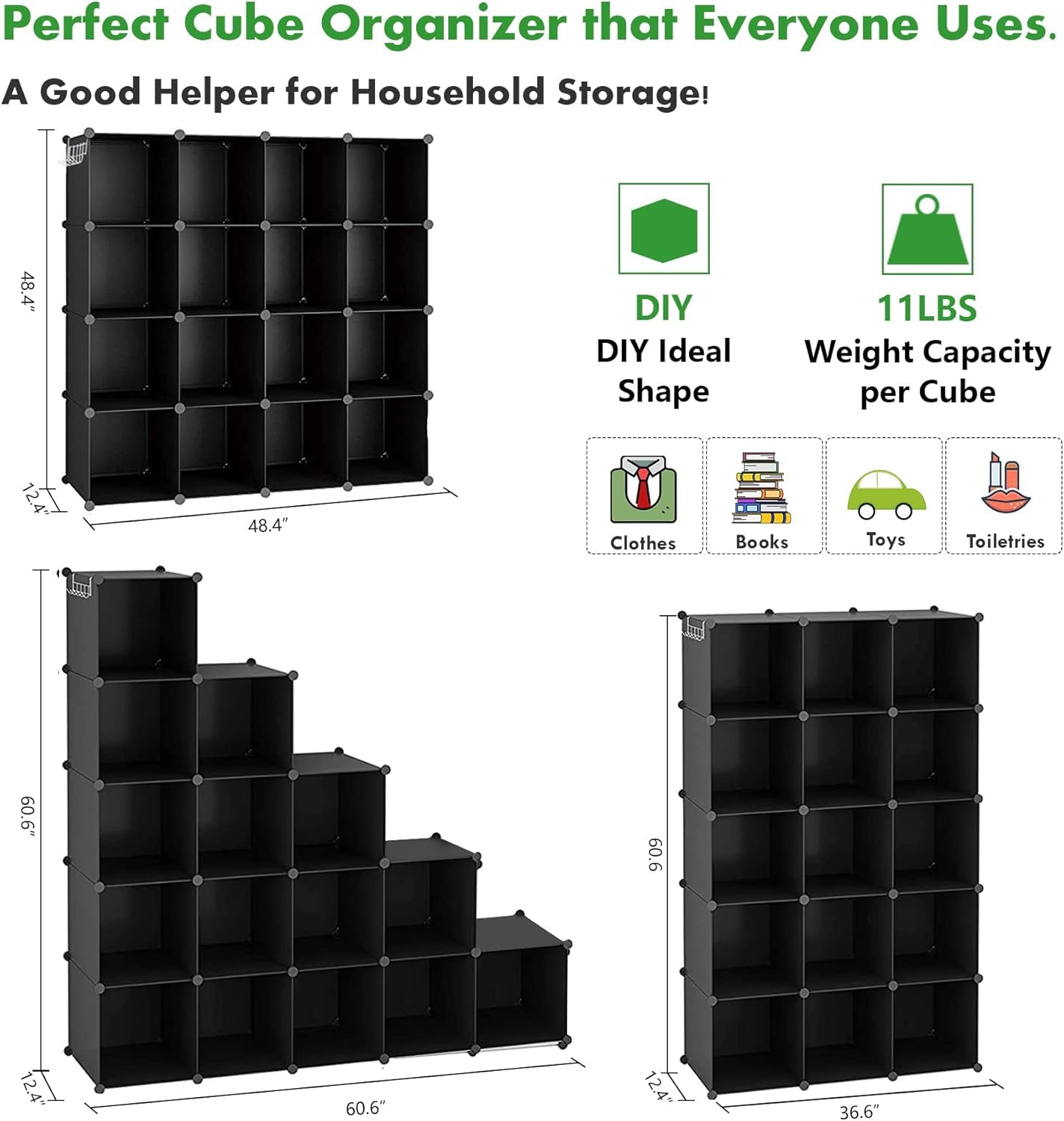 Cube Storage Organizer, 16-Cube Shelves Units, Closet Cabinet, DIY Plastic Modular Book Shelf, Ideal for Bedroom, Living Room, Office, 48.4" L × 12.4" W × 48.4" H Black
