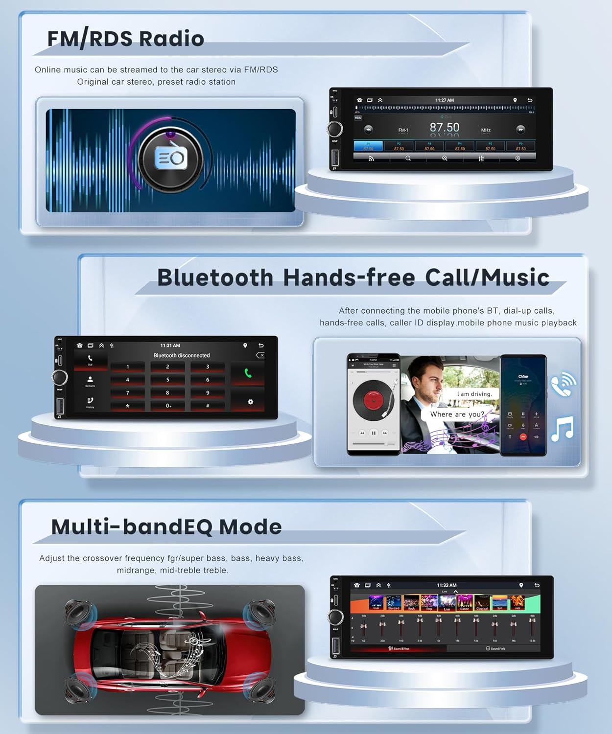 Single Din Car Stereo Wireless Carplay Android Auto 6.86 Inch 1 Din Touch Screen Car Radio Bluetooth FM/RDS EQ Backup Camera USB Type-C SWC AUX in TF
