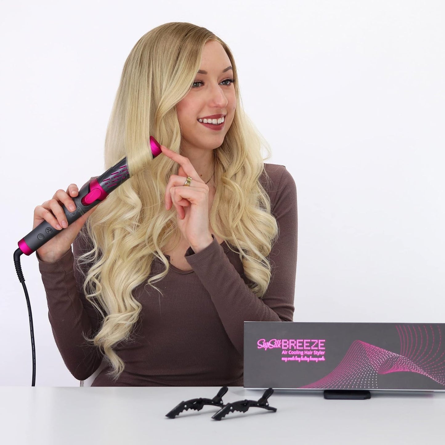 Breeze Airflow Hair Styler, 2-In-1 Hair Straightener and Curler, Create No Damage Long Last Bouncy Curls Waves & Smooth Straight, Ceramic Tourmaline Flat Iron Curling Iron with 5 Heat Settings