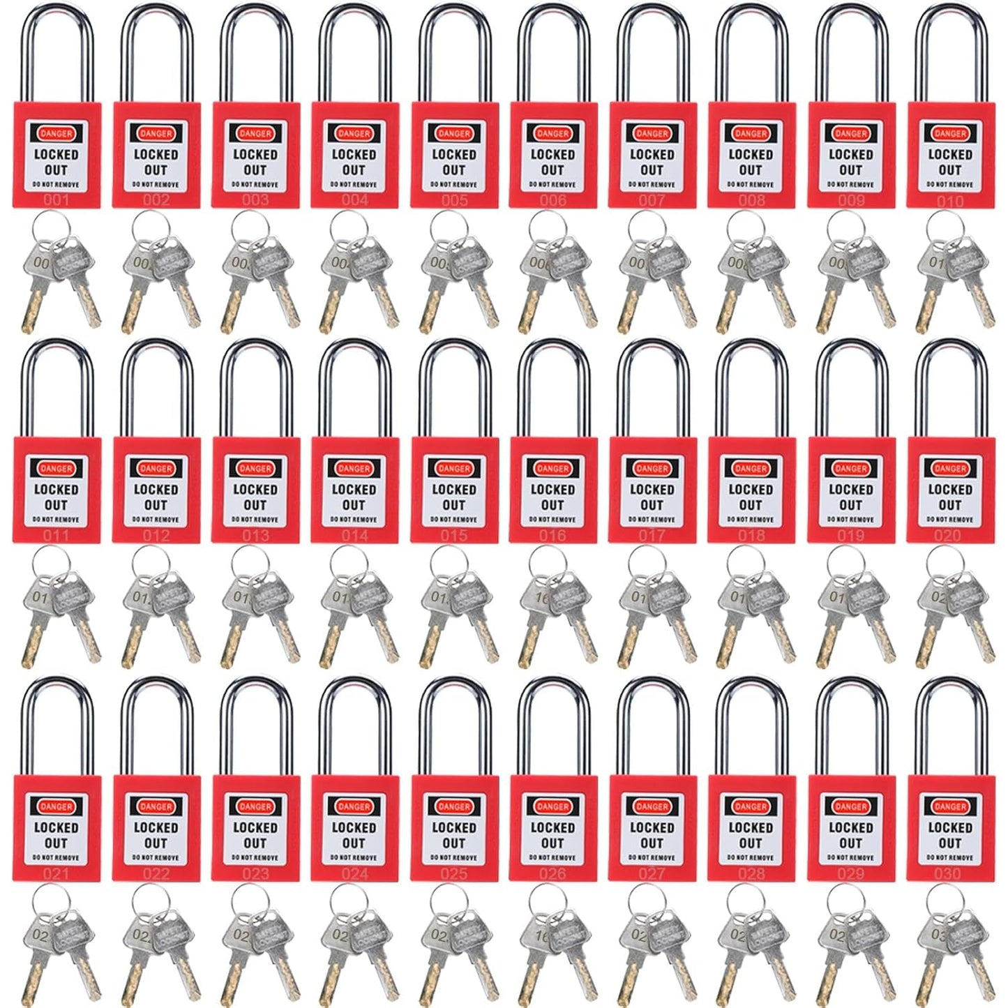 Lockout Tagout Safety Padlocks – Red Plastic Body, Stainless Steel Shackle, Keyed Alike, 2 Keys per Lock, Bulk 30/40 Packs, 2-Day Shipping Included