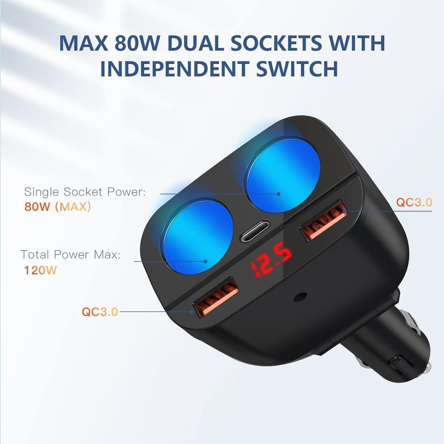 100°Adjustable Double Cigarette Lighter Adapter, 2-Socket Car Splitter 120W, 12V/24V Car Cigarette Lighter Splitte with LED Voltmeter & 2 USB Ports & Type C Port, Fast Car Charger Adapter 120W