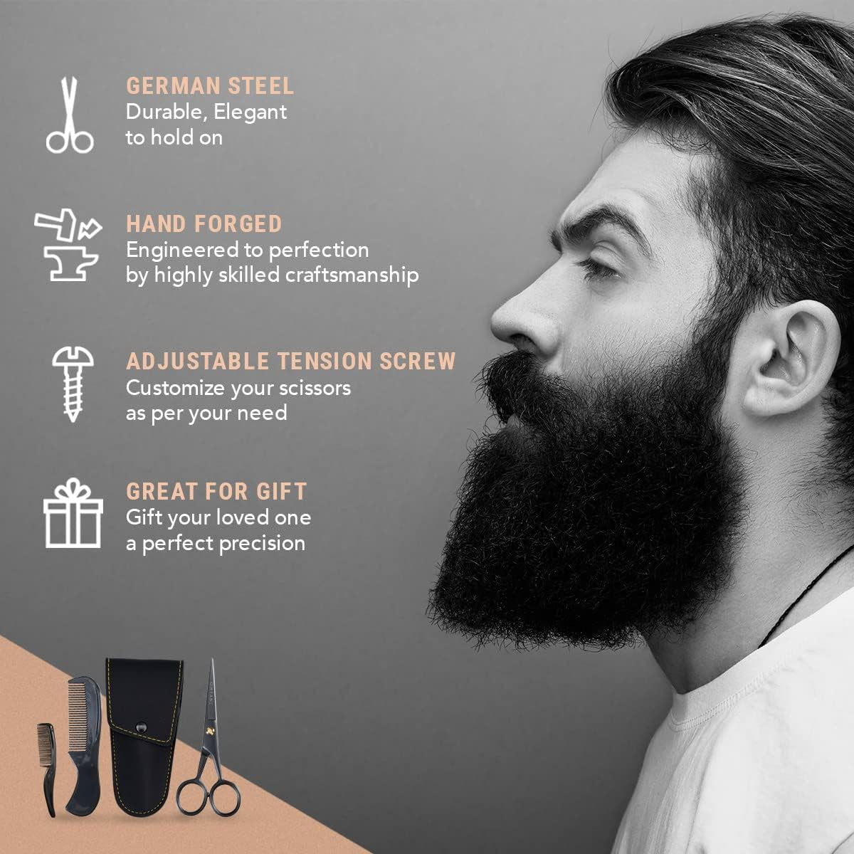 5" Professional German Beard & Mustache Scissors with 2 Comb & Carrying Pouch for Men - Bevel Edge for Precision - Facial Hair Grooming Kit - Mustache Trimming Kit (Black)