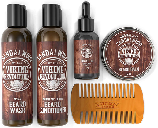 - Beard Kit Conditioner - Beard Grooming Kit with with Beard Wash, Conditioner, Beard Oil, Beard Balm & Beard Comb - Softens, Smoothes, Soothes - Gifts for Men - Sandalwood
