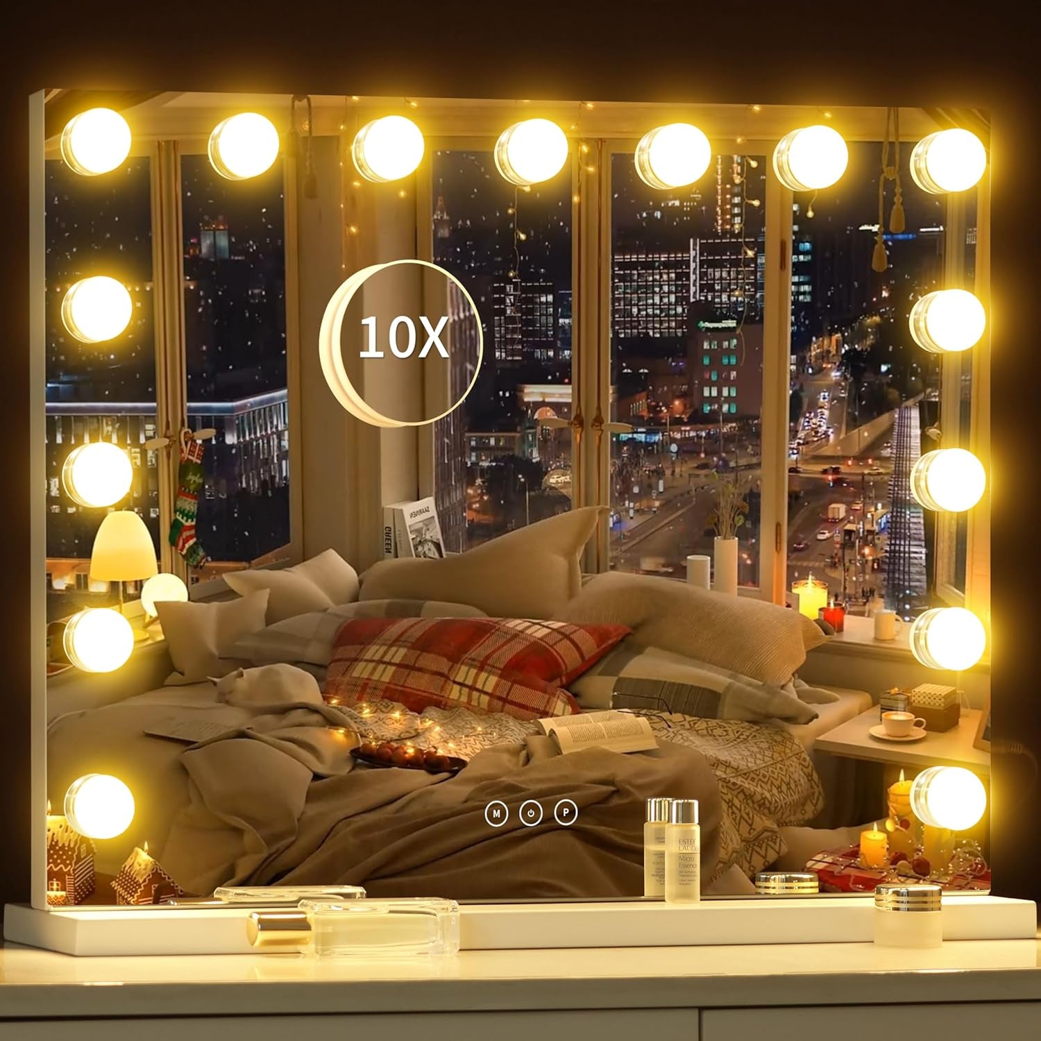 Vanity Mirror with Lights Lighted Makeup Mirror with 15 Dimmable LED Bulbs,3 Color Lighting Modes,Usb Charging Port Touch Control,Sturdy Metal Frame Design,White