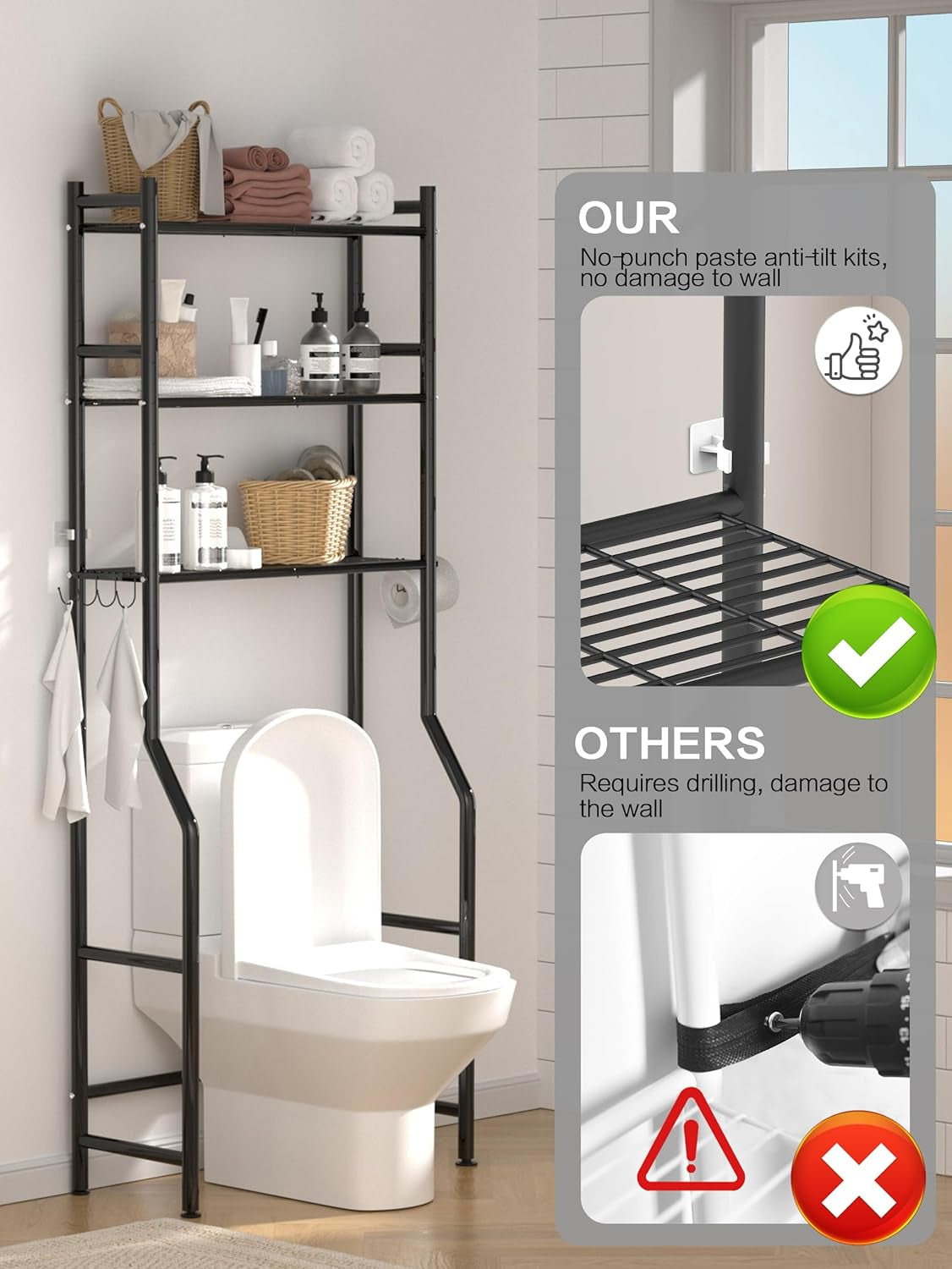 3-Tier over the Toilet Storage, Space Saver Metal Bathroom Shelves, Freestanding above over Toilet Storage Shelf with 4 Hooks for Bathroom, Black