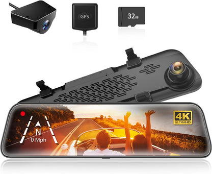 G840S 12" 4K Rear View Mirror Camera, 2160P Full HD Smart Mirror Dash Cam for Cars & Trucks, Mirror Front and Rear View Dual Cameras, Night Vision, Parking Assistance, Included 32GB Card & GPS