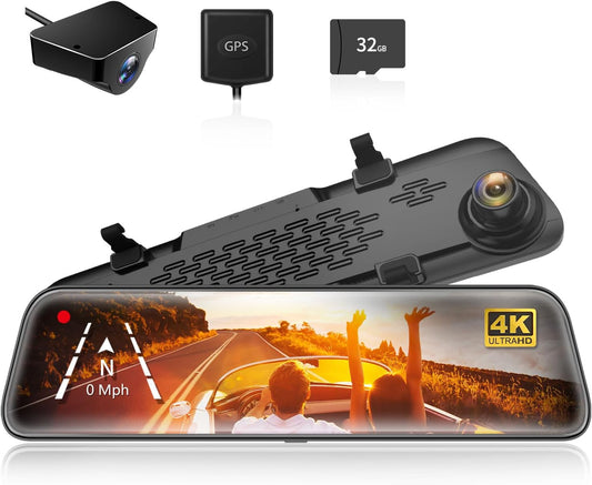 G840S 12" 4K Rear View Mirror Camera, 2160P Full HD Smart Mirror Dash Cam for Cars & Trucks, Mirror Front and Rear View Dual Cameras, Night Vision, Parking Assistance, Included 32GB Card & GPS