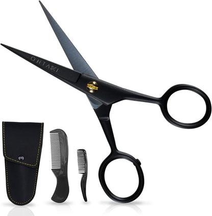 5" Professional German Beard & Mustache Scissors with 2 Comb & Carrying Pouch for Men - Bevel Edge for Precision - Facial Hair Grooming Kit - Mustache Trimming Kit (Black)