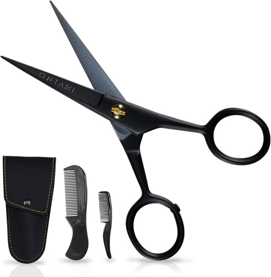 5" Professional German Beard & Mustache Scissors with 2 Comb & Carrying Pouch for Men - Bevel Edge for Precision - Facial Hair Grooming Kit - Mustache Trimming Kit (Black)