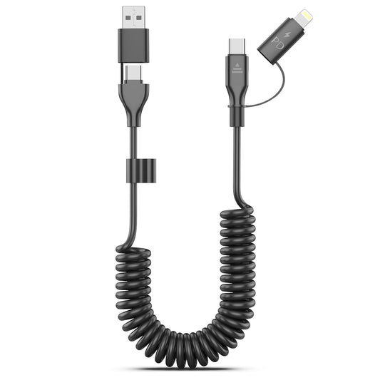 Car Carplay Cable for Iphone 15, Coiled 4-In-1 USB-C Cable, 3FT Car Charger for Iphone 16, 15 Pro Max, Samsung Galaxy, Google Pixel, Supports Carplay & Android Auto (1, Black)