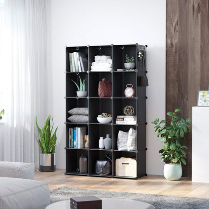 Cube Storage Organizer, 16-Cube Shelves Units, Closet Cabinet, DIY Plastic Modular Book Shelf, Ideal for Bedroom, Living Room, Office, 48.4" L × 12.4" W × 48.4" H Black