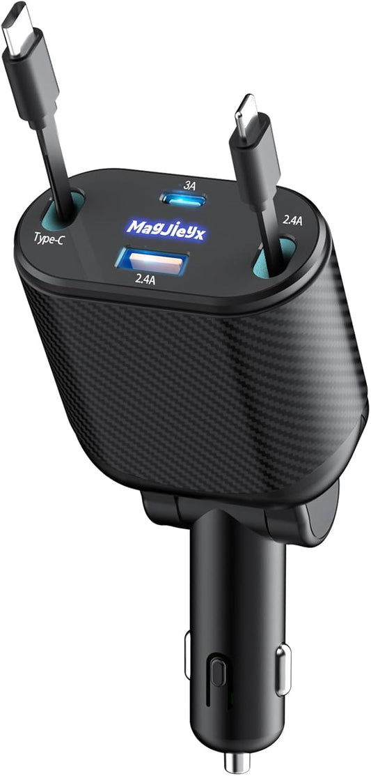 4-In-1 Retractable Car Charger Max 62W for Fast Charging Iphone 15/14/13/12Pro Max Plus,Ipad,Airpods, Galaxy,Google, Type-C/Lightning/Usb C/USB a Devices with Real QC 3.0 & PD 3.0 Car Adapter