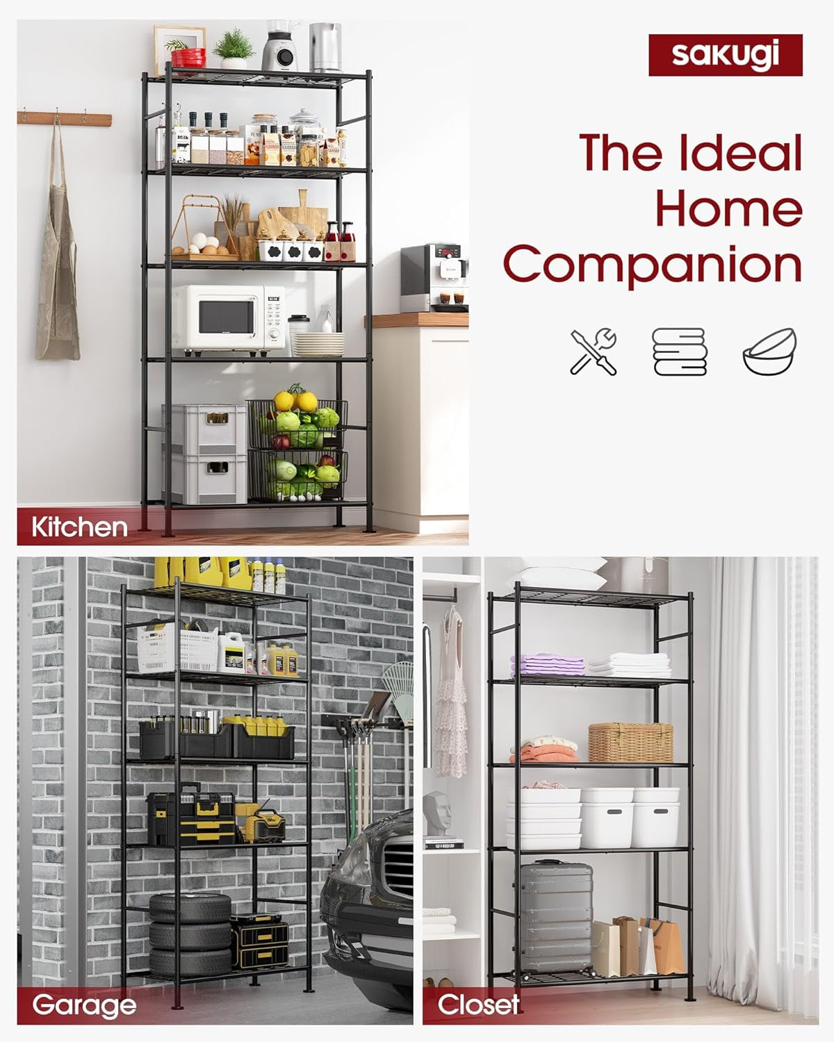 5 Tier Shelf - Heavy Duty Metal Storage Shelves with Adjustable Leveling Feet, Large Capacity Shelving Unit with Multiple Hooks for Kitchen, Pantry, Office (83 X 33 X 184 Cm, Black)
