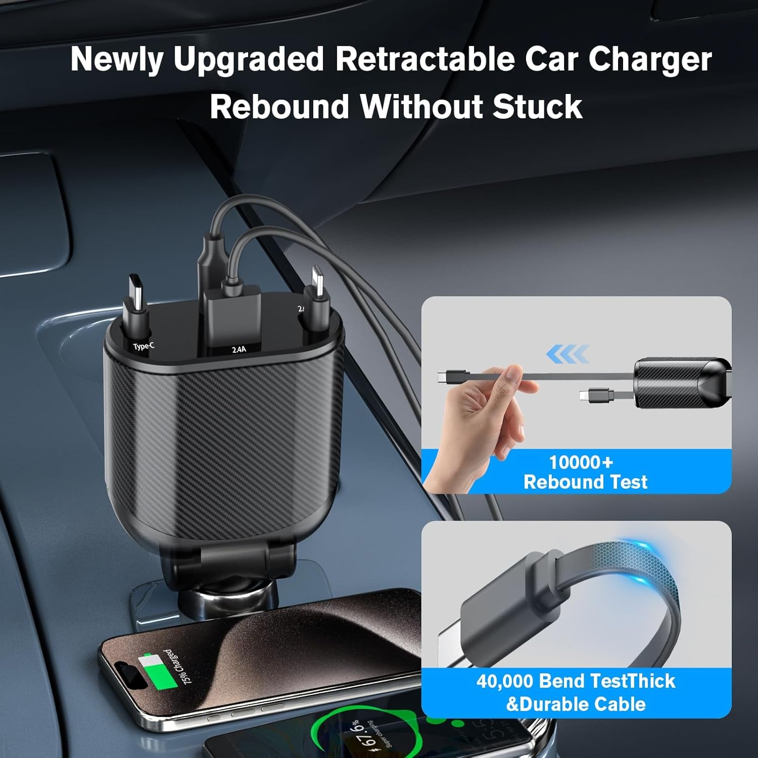 4-In-1 Retractable Car Charger Max 62W for Fast Charging Iphone 15/14/13/12Pro Max Plus,Ipad,Airpods, Galaxy,Google, Type-C/Lightning/Usb C/USB a Devices with Real QC 3.0 & PD 3.0 Car Adapter