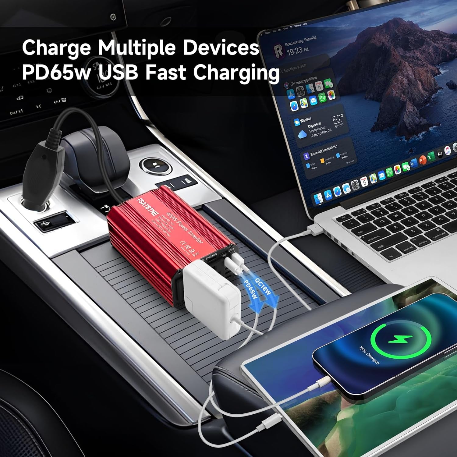 400W Power Inverter 12V DC to 110V AC Car Plug Adapter Outlet Converter with [65W PD USB-C] & [18W QC USB-A] Fast Charging Ports and 2 AC Outlets Car Power Inverters for Vehicles