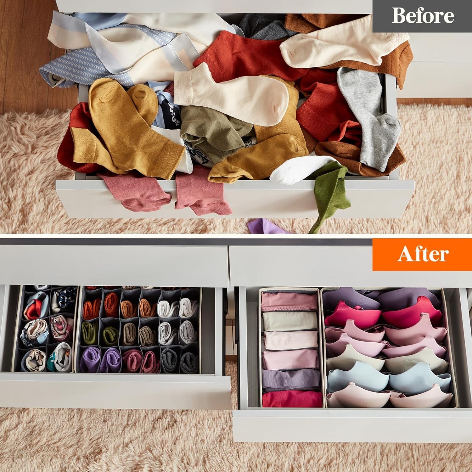 Closet Underwear Drawer Organizer Divider, 12 Pieces Fabric Foldable Dresser Organizers and Storage Bins for Storing Lingerie, Bra, Undies, Gray